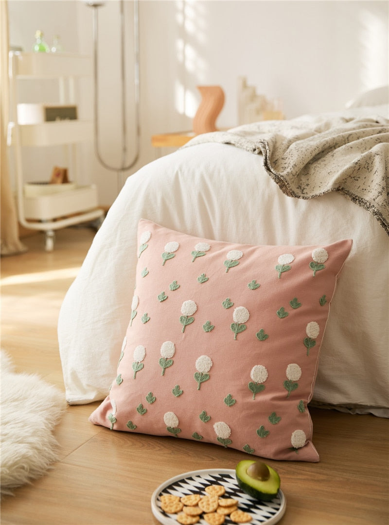 Square Cotton Embroidered Floral Pattern Pillow Cover Pink