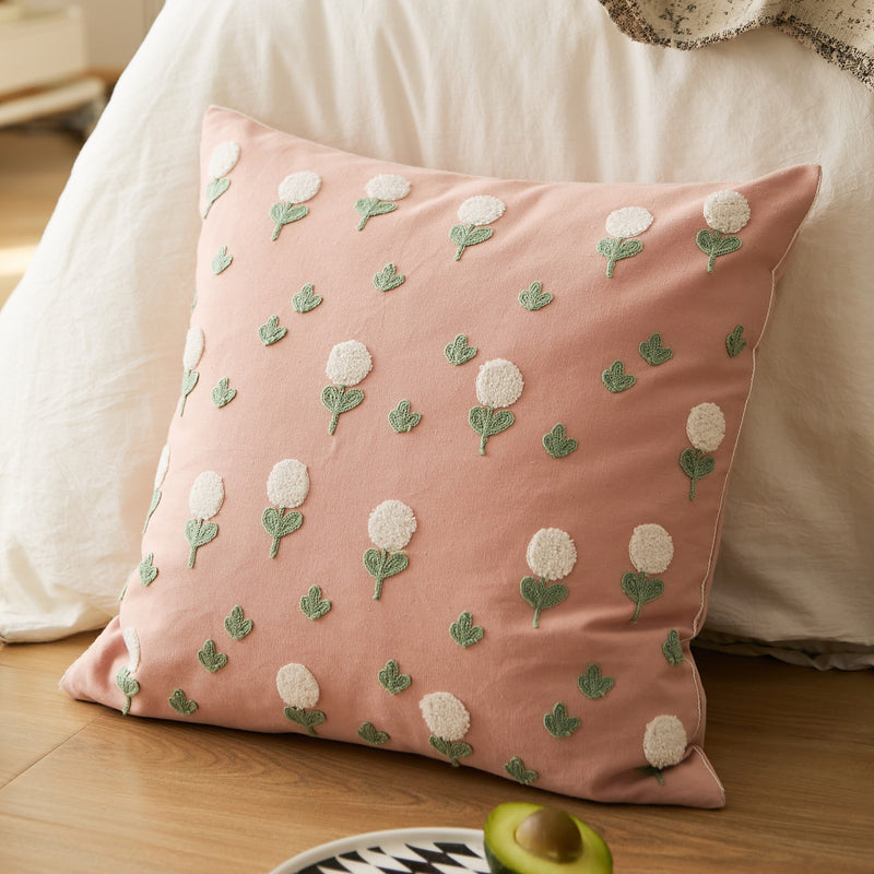 Square Cotton Embroidered Floral Pattern Pillow Cover Pink