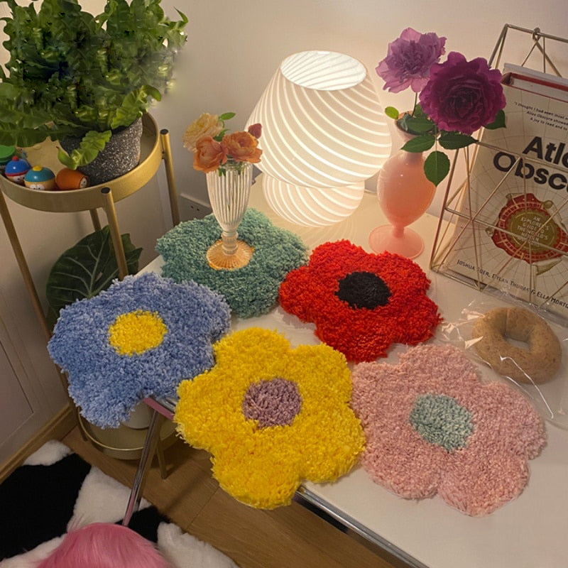 Hand Tufted Plush Flower Coaster Table Mat 