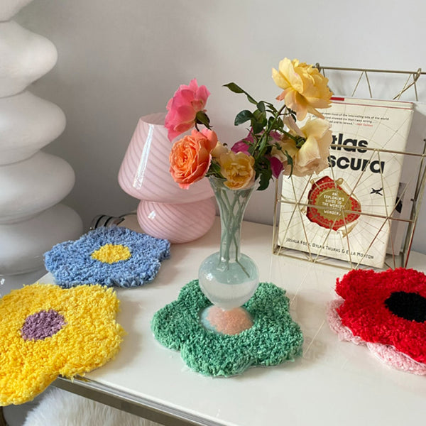 Hand Tufted Plush Flower Coaster Table Mat 