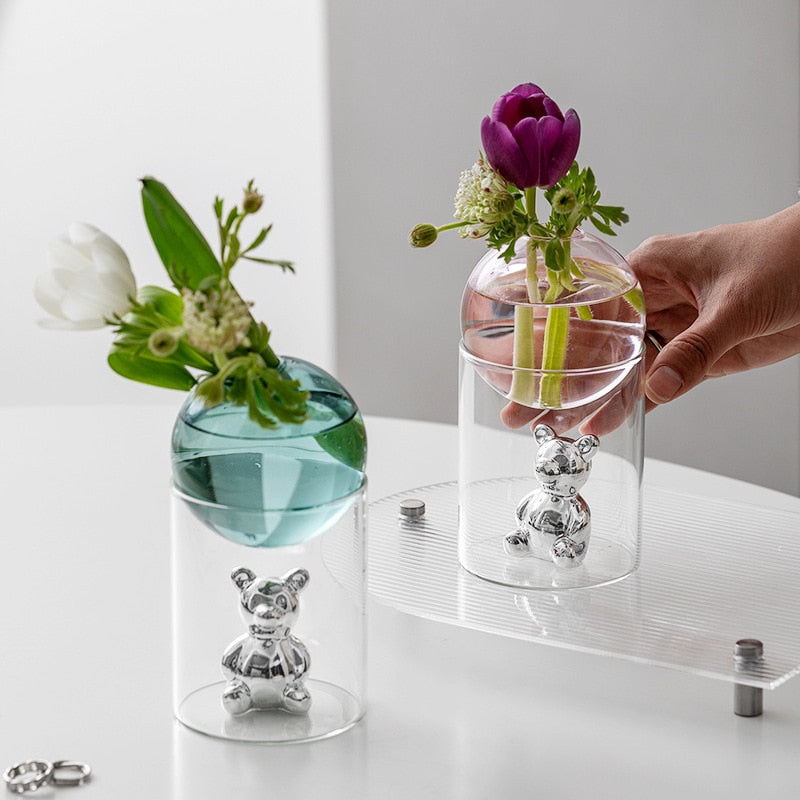 Bubble Glass with Cartoon Bear Flower Vase 