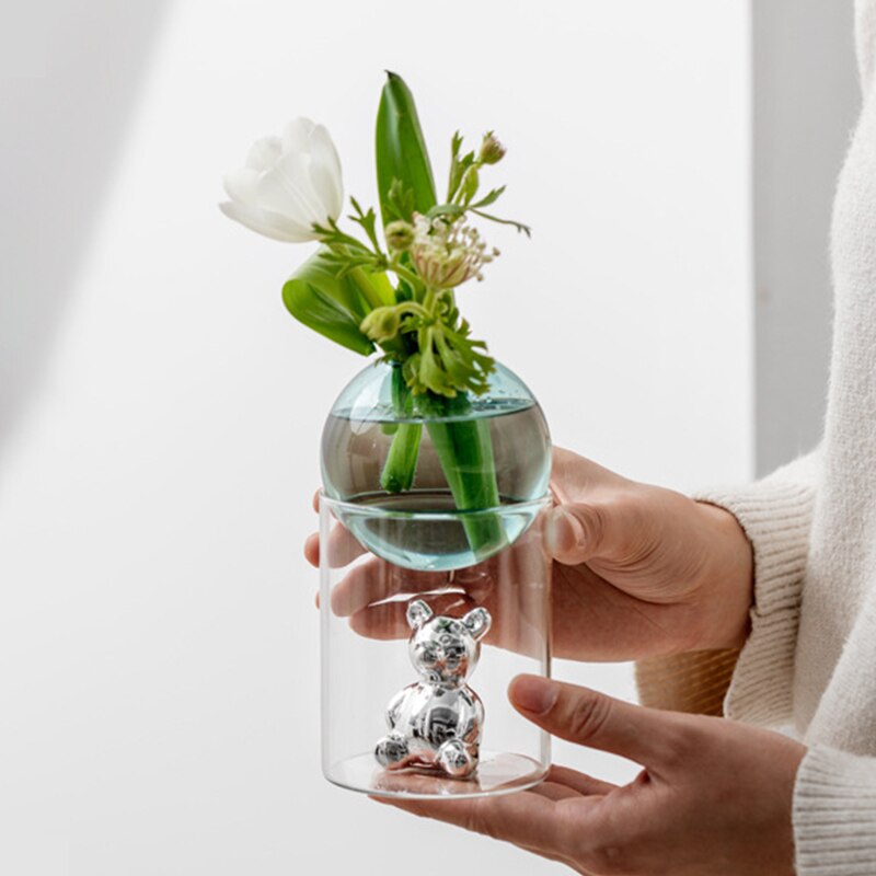 Bubble Glass with Cartoon Bear Flower Vase 