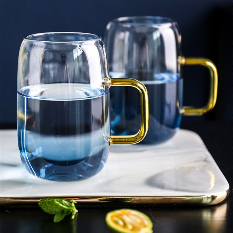 Gradient blue Borosilicate glass with gold handles pitcher and cups