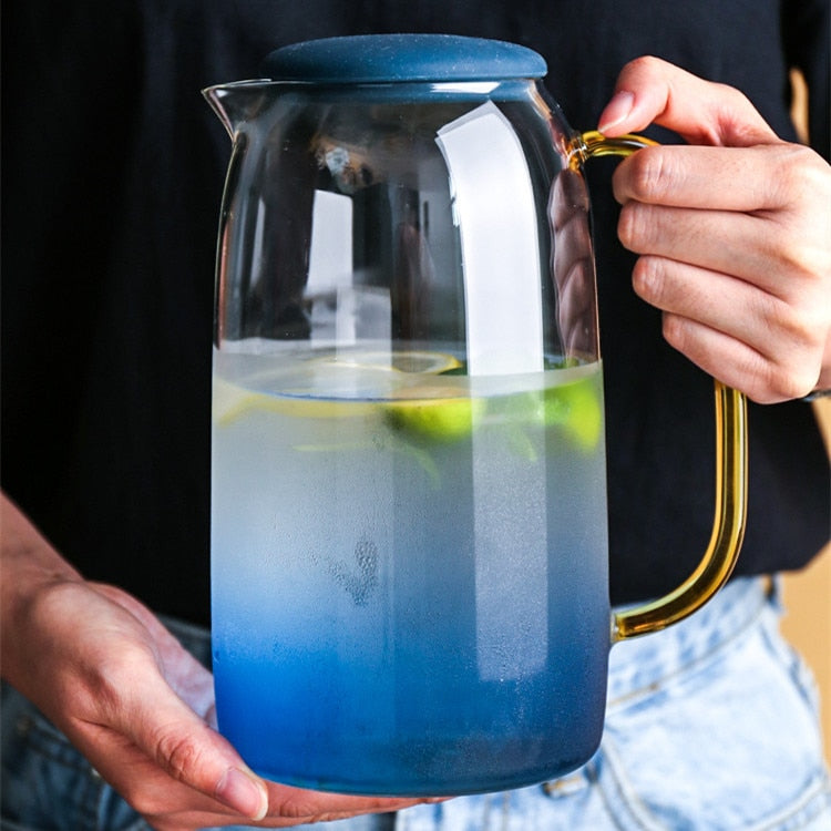 Gradient blue Borosilicate glass with gold handles pitcher and cups