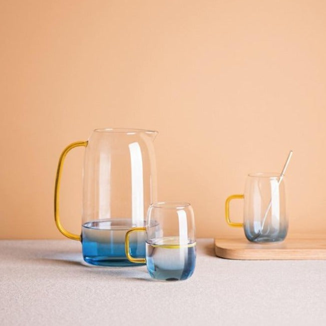 Gradient blue Borosilicate glass with gold handles pitcher and cups