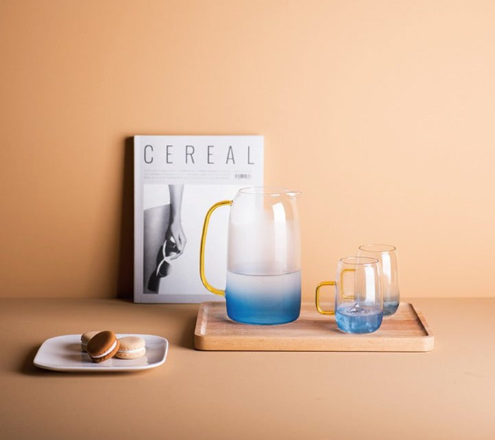 Gradient blue Borosilicate glass with gold handles pitcher and cups