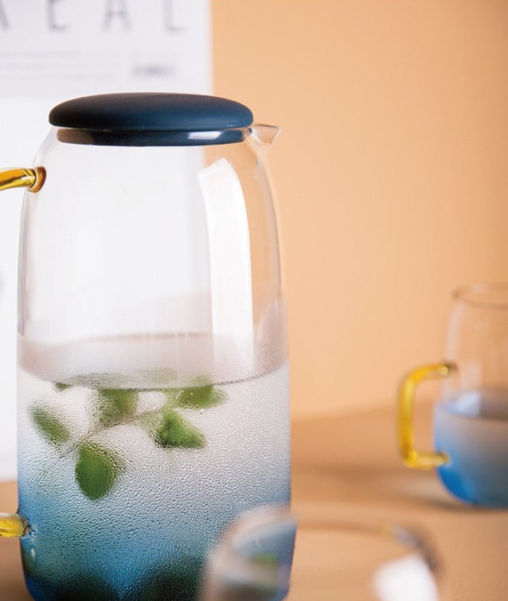 Gradient blue Borosilicate glass with gold handles pitcher and cups