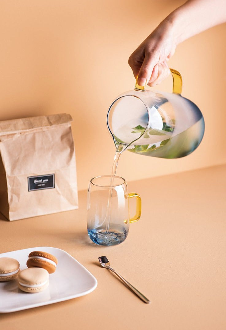 Gradient blue Borosilicate glass with gold handles pitcher and cups