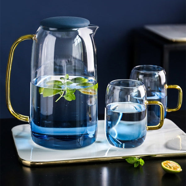 Gradient blue Borosilicate glass with gold handles pitcher and cups