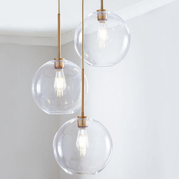 sphere globe brass metal clear glass canopy pendant light