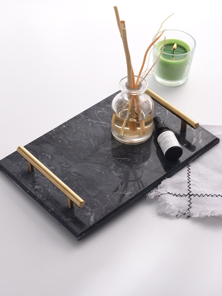 Natural Marble Storage Tray With Gold Handle 