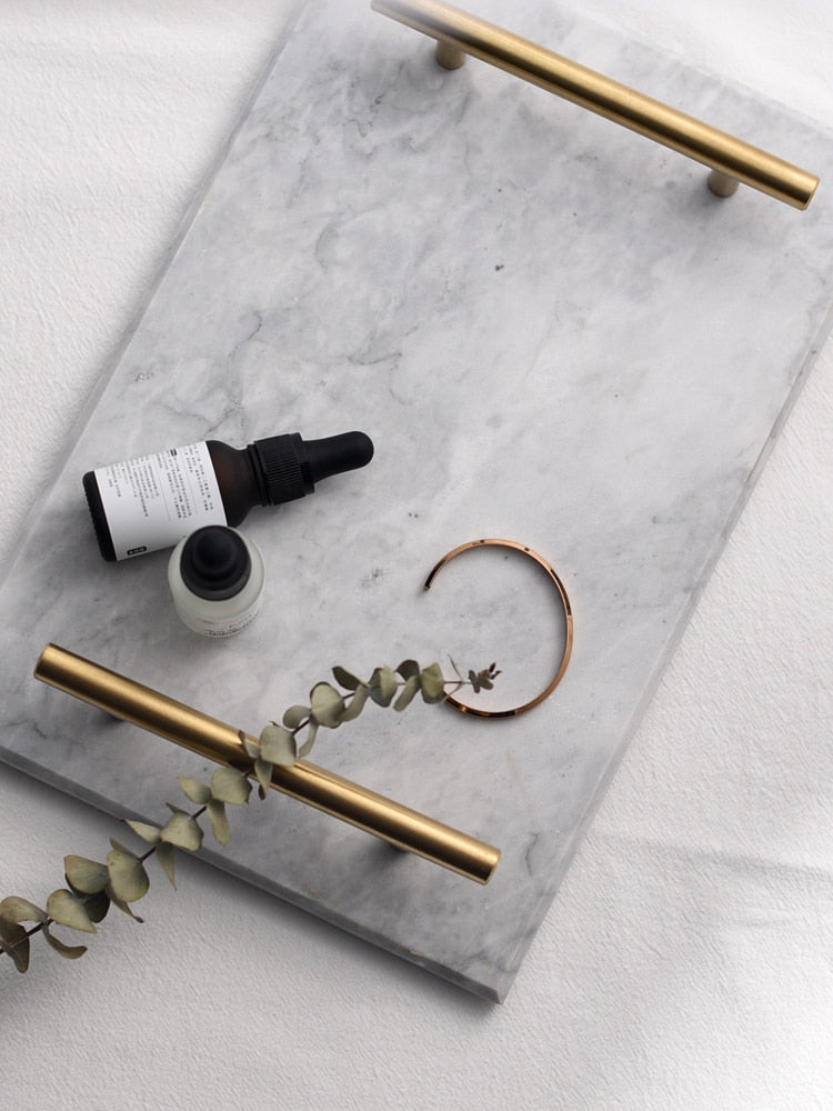 Natural Marble Storage Tray With Gold Handle 