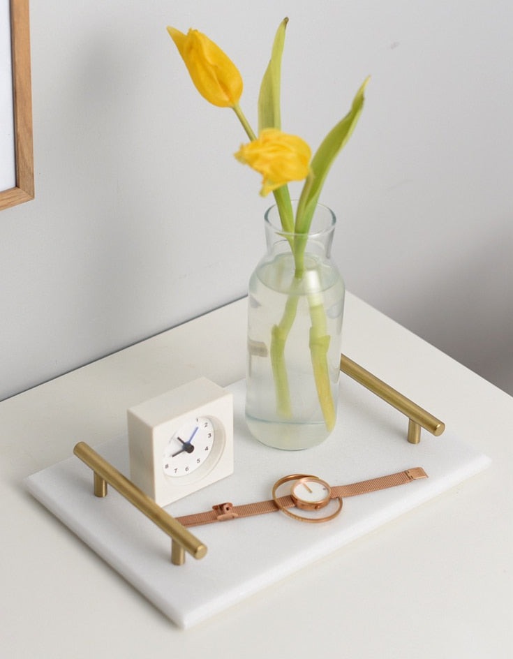 Natural Marble Storage Tray With Gold Handle 