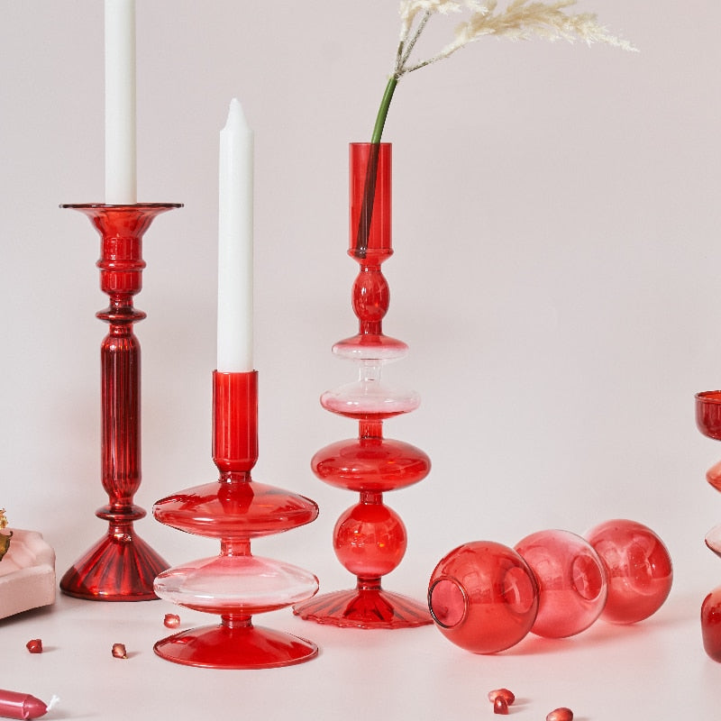 Candle Holder in Creative Design Red Glass for Table Decoration and Home Decoration 