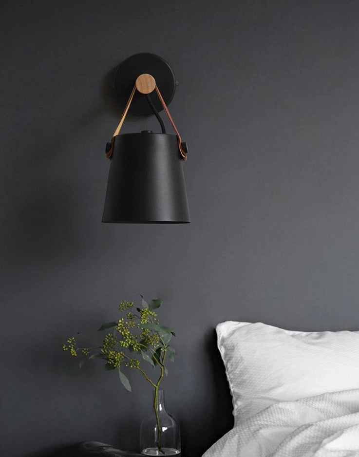 Modern wall Lamp metal and leather wood details minimalist