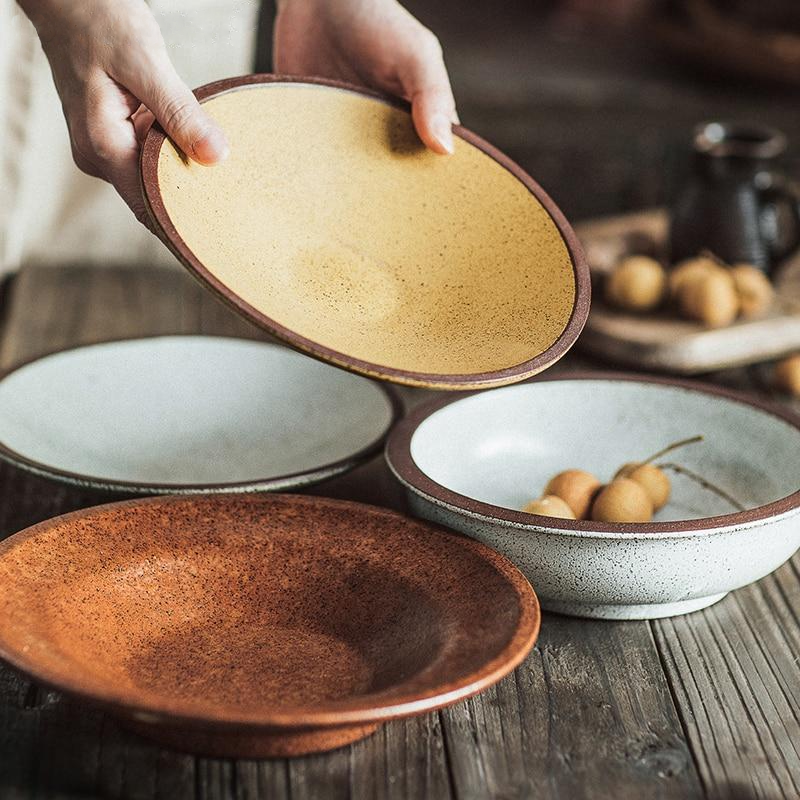 round porcelain ceramic vintage yellow brown bowls and plates