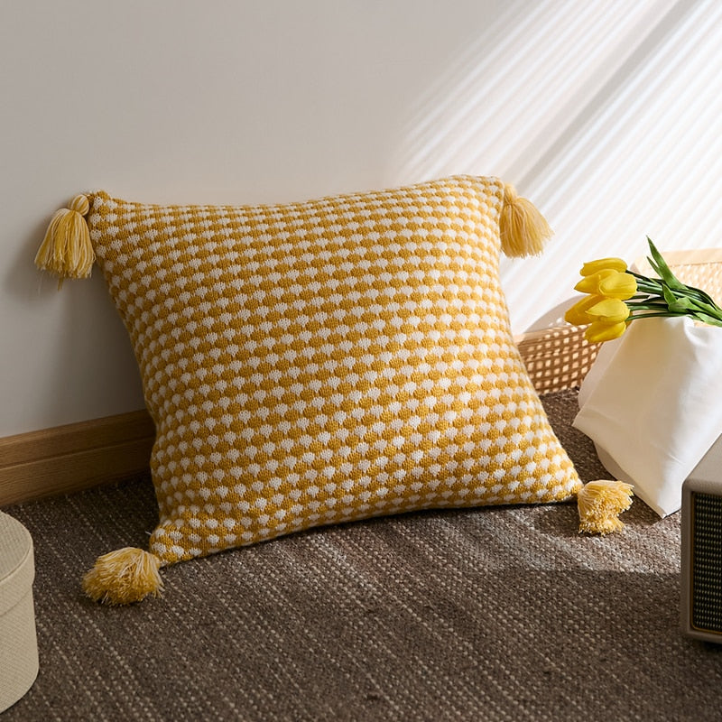 Handmade Embroidered Knit Cushion Cover Yellow