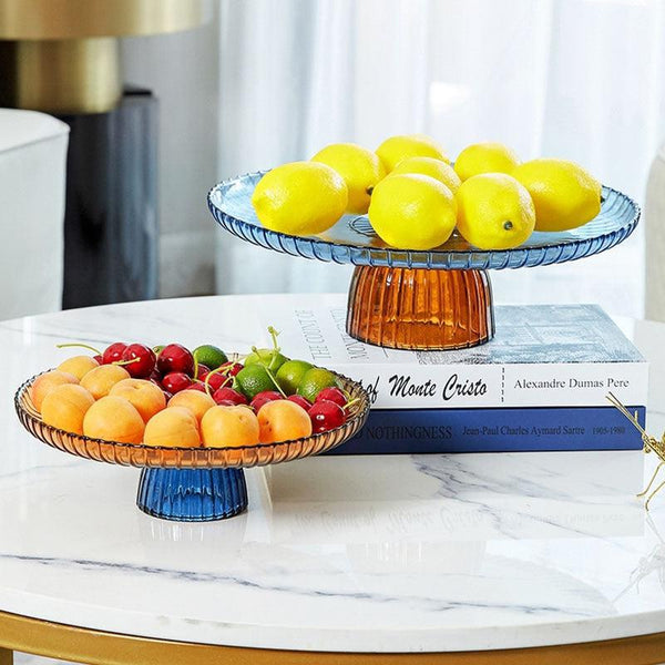 round glass scalloped orange blue fruit plate