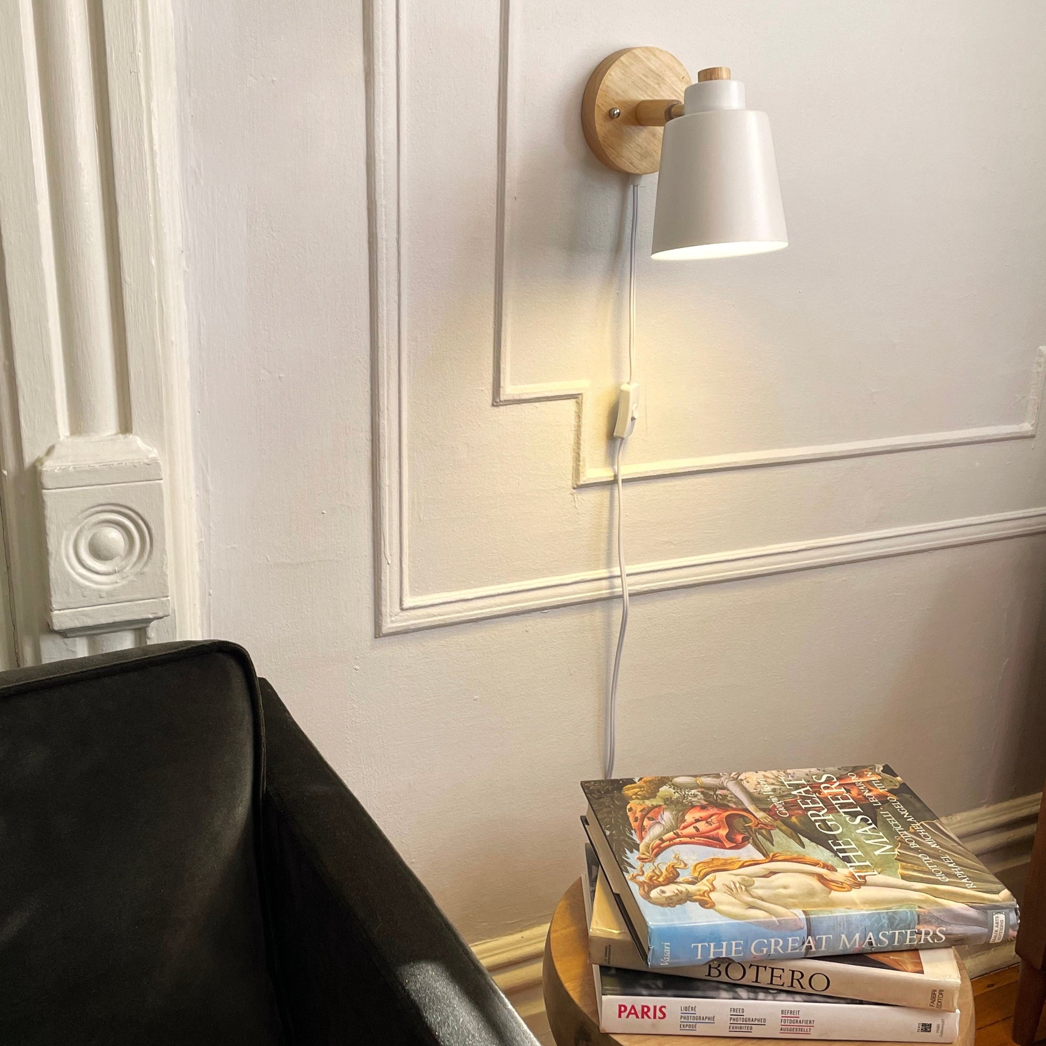 Wood & white Metal Reading Lamp with Plug Cord