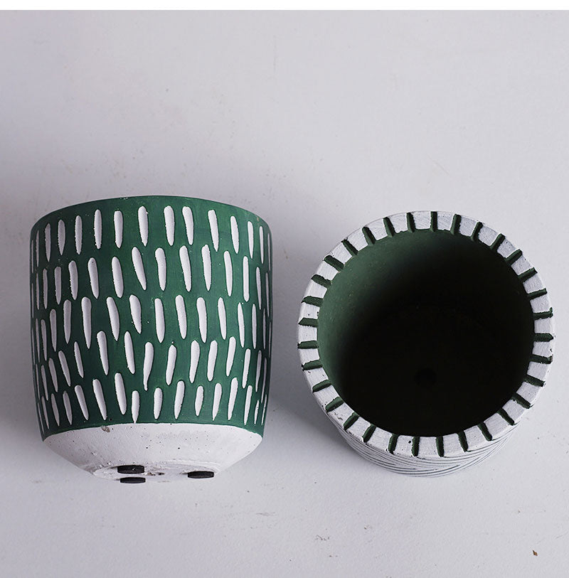 Round Chrome Plated Cement Minimalist Line Pattern Design Flower Pot With Holes Green