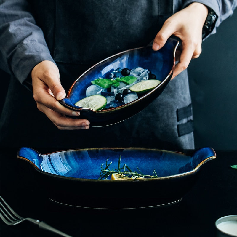 Blue Oval Boat Shaped Deep Dishes