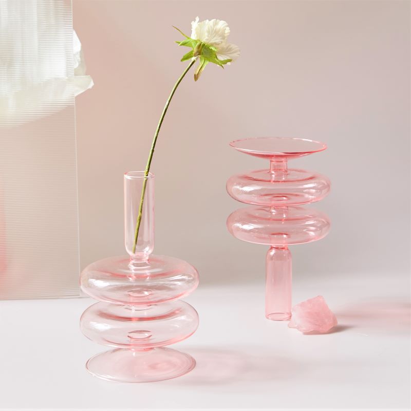 round spiral borosilicate glass pink candle holder