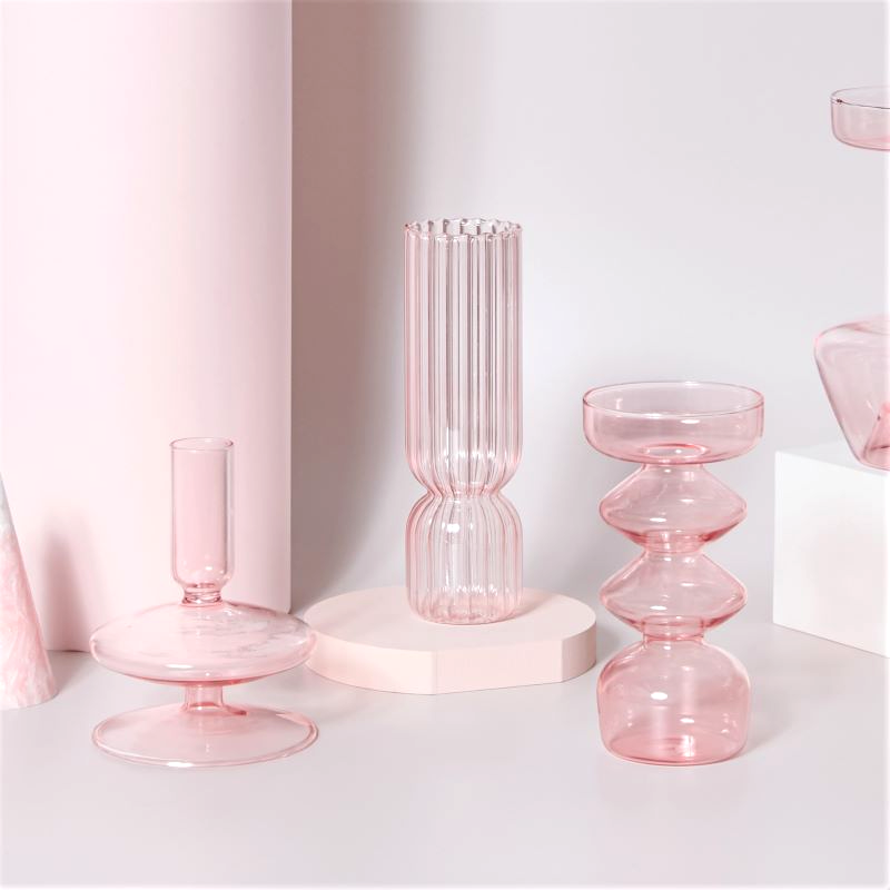 round spiral borosilicate glass pink candle holder