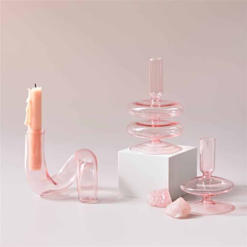 round spiral borosilicate glass pink candle holder