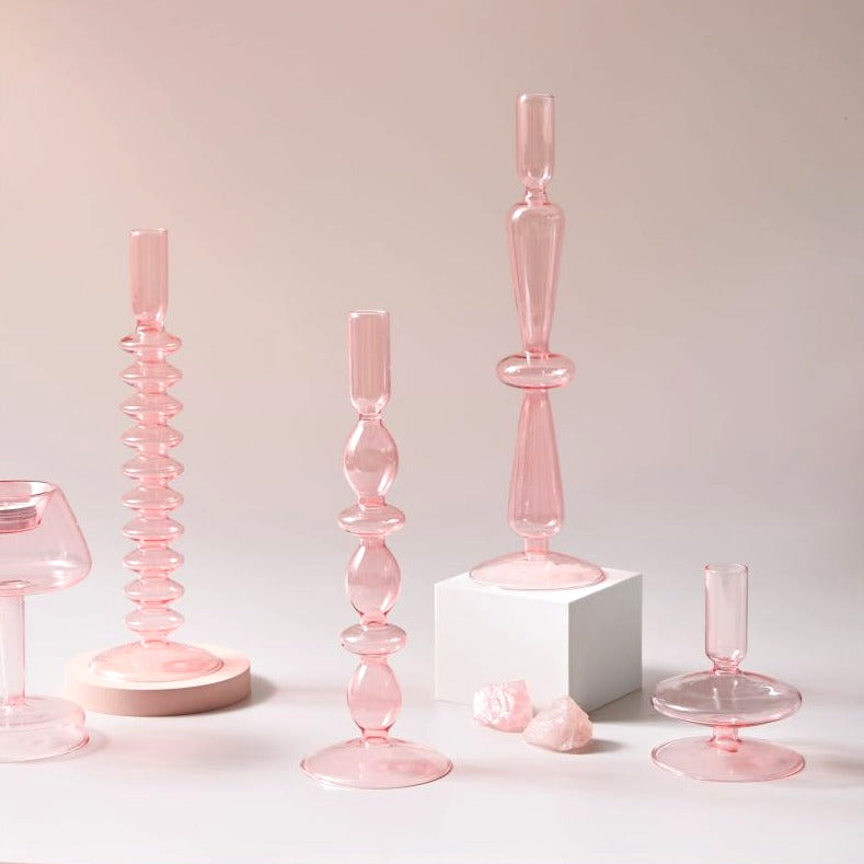 round spiral borosilicate glass pink candle holder