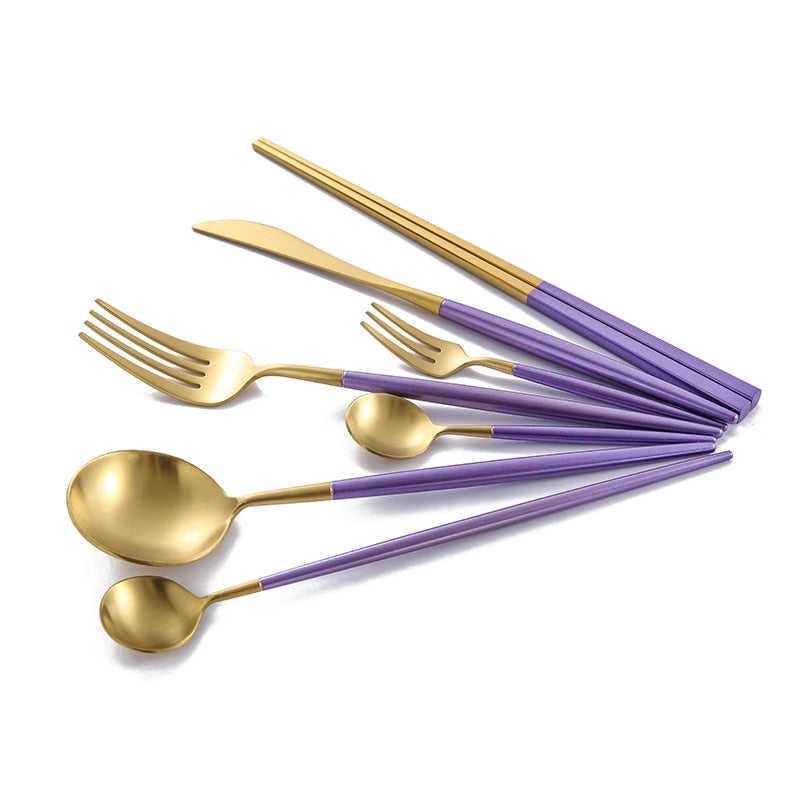 Stainless Steel Mirror Polish Finish Purple and Gold Cutlery Set