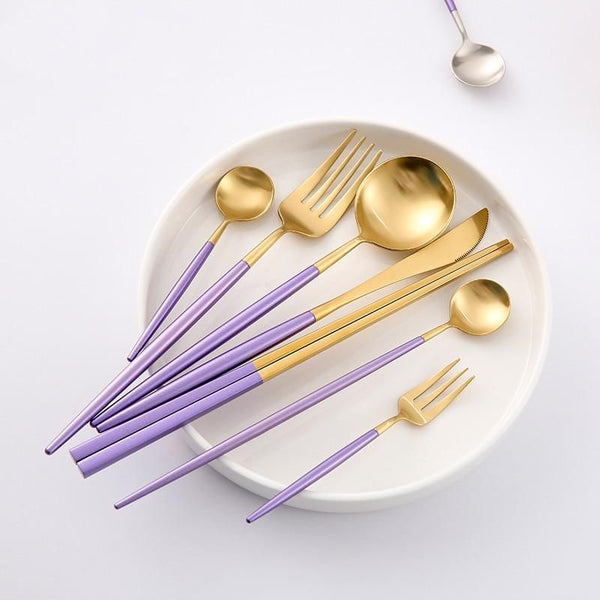 Stainless Steel Mirror Polish Finish Purple and Gold Cutlery Set