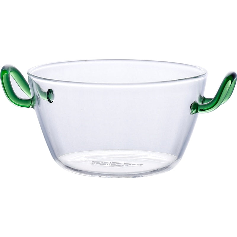 round clear crystal bowl with green handles