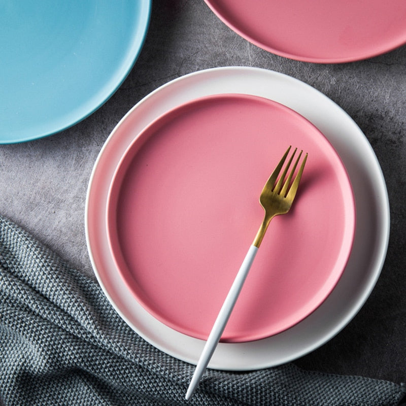 Pink White Round Luxurious Solid Flat Dinner Plate