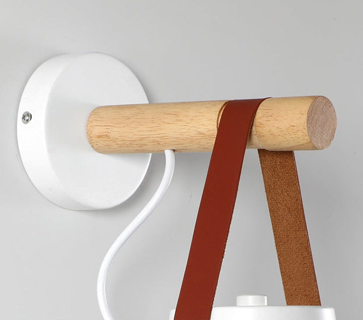 Modern Wood & Metal Wall Sconce with Faux Leather Strap