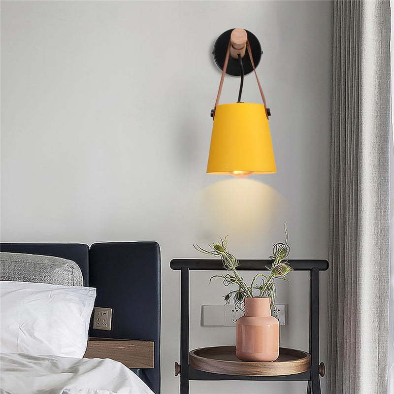 Modern Wood & Metal Wall Sconce with Faux Leather Strap