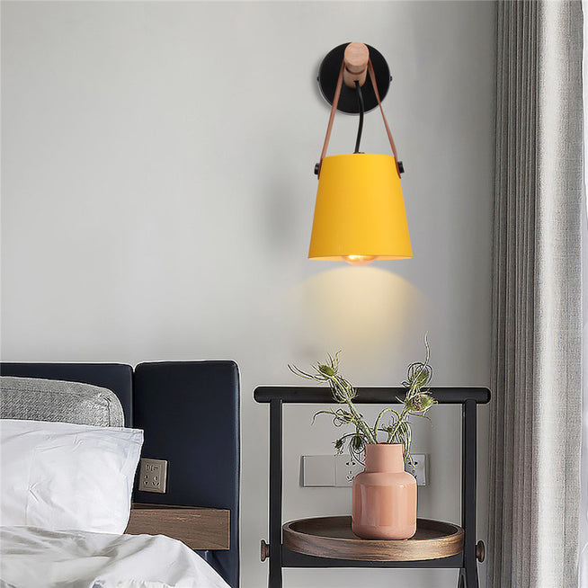 Modern Wood & Metal Wall Sconce with Faux Leather Strap