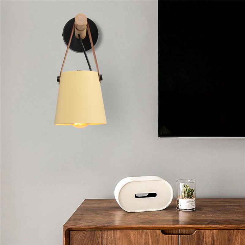 Modern Wood & Metal Wall Sconce with Faux Leather Strap