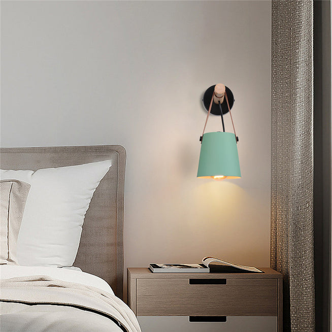 Modern Wood & Metal Wall Sconce with Faux Leather Strap