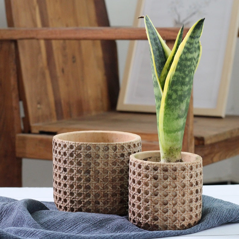 Retro Boho Natural Rattan Texture Cement Planter