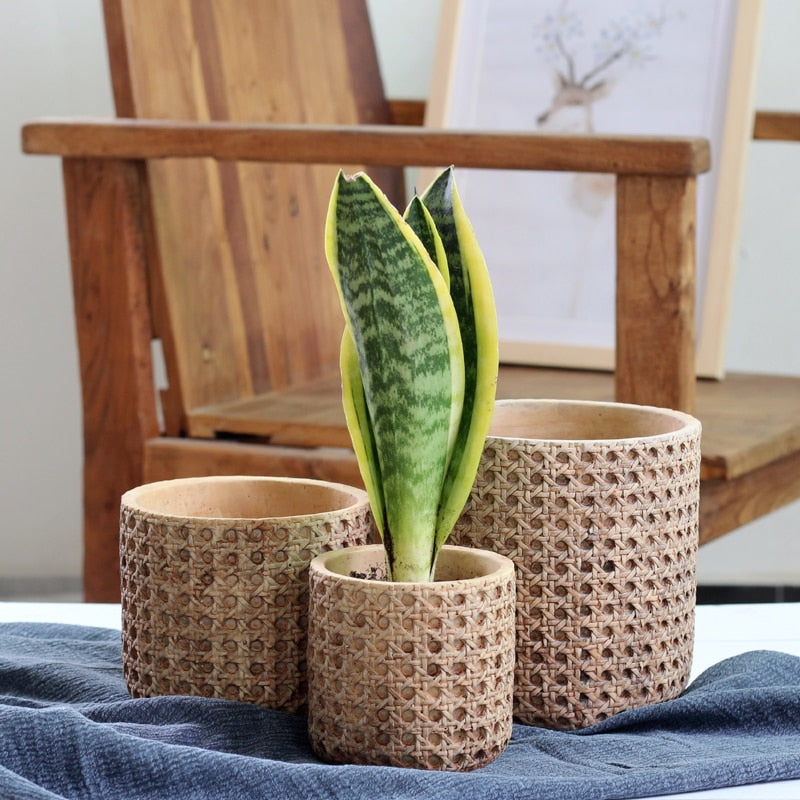 Retro Boho Natural Rattan Texture Cement Planter