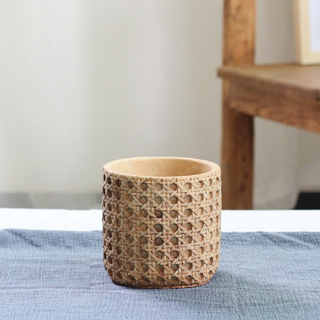 Retro Boho Natural Rattan Texture Cement Planter