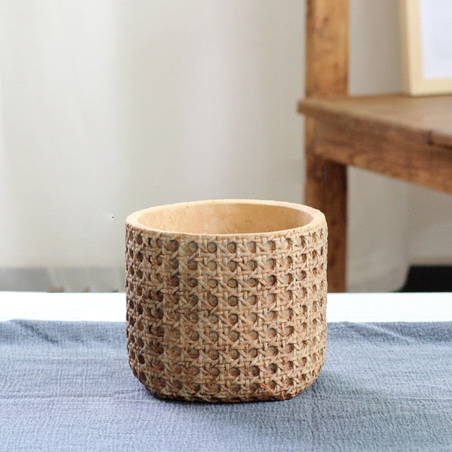 Retro Boho Natural Rattan Texture Cement Planter