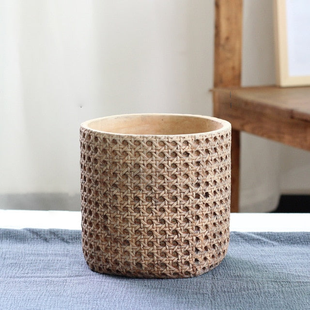 Retro Boho Natural Rattan Texture Cement Planter