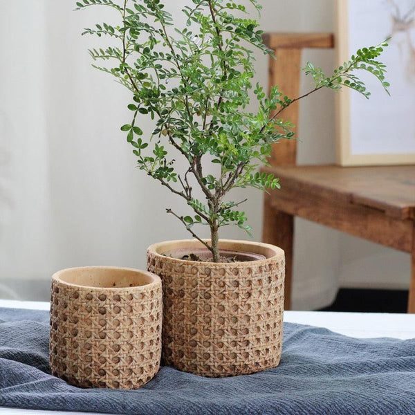 Retro Boho Natural Rattan Texture Cement Planter