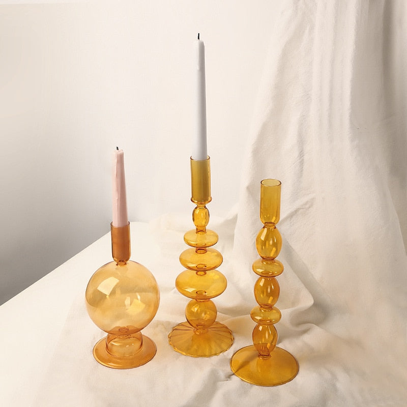 abstract blown glass orange candle holders