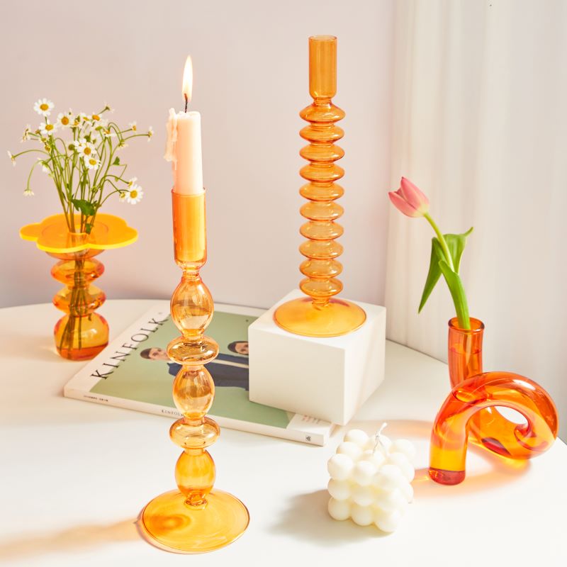 abstract blown glass orange candle holders