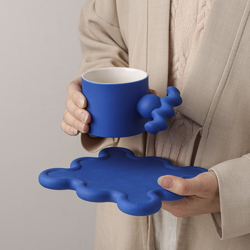 Handmade Easy Grip Ceramic Cup and Saucer Blue