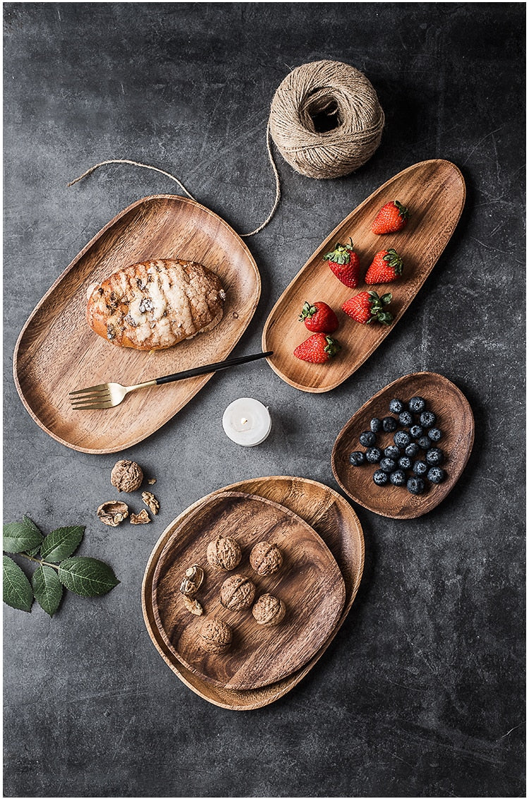 wide round walnut wood serving tray