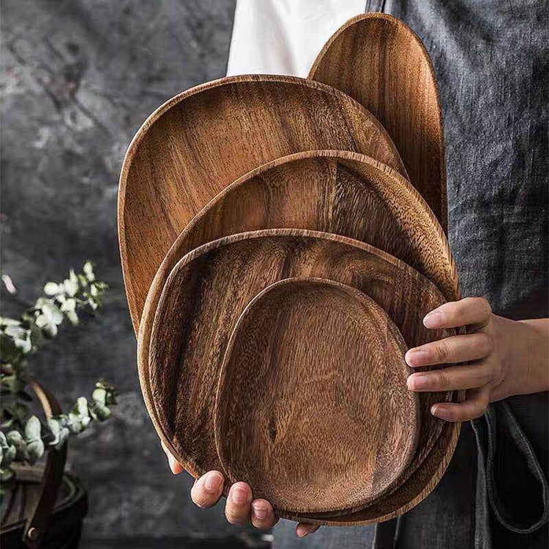 wide round walnut wood serving tray