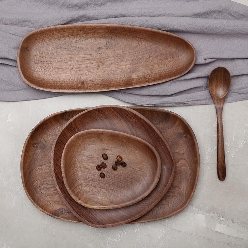 wide round walnut wood serving tray